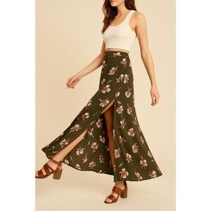 Boho Floral Satin Maxi Skirt Army Green Pink Orchid Print 2 Side Slits Women’s S